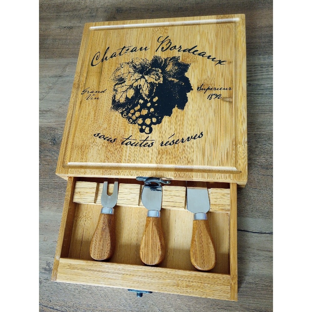 Chateau Bordeaux Cheese Board Case + 3 Serving Utensils W/Handles Gently Used 1X